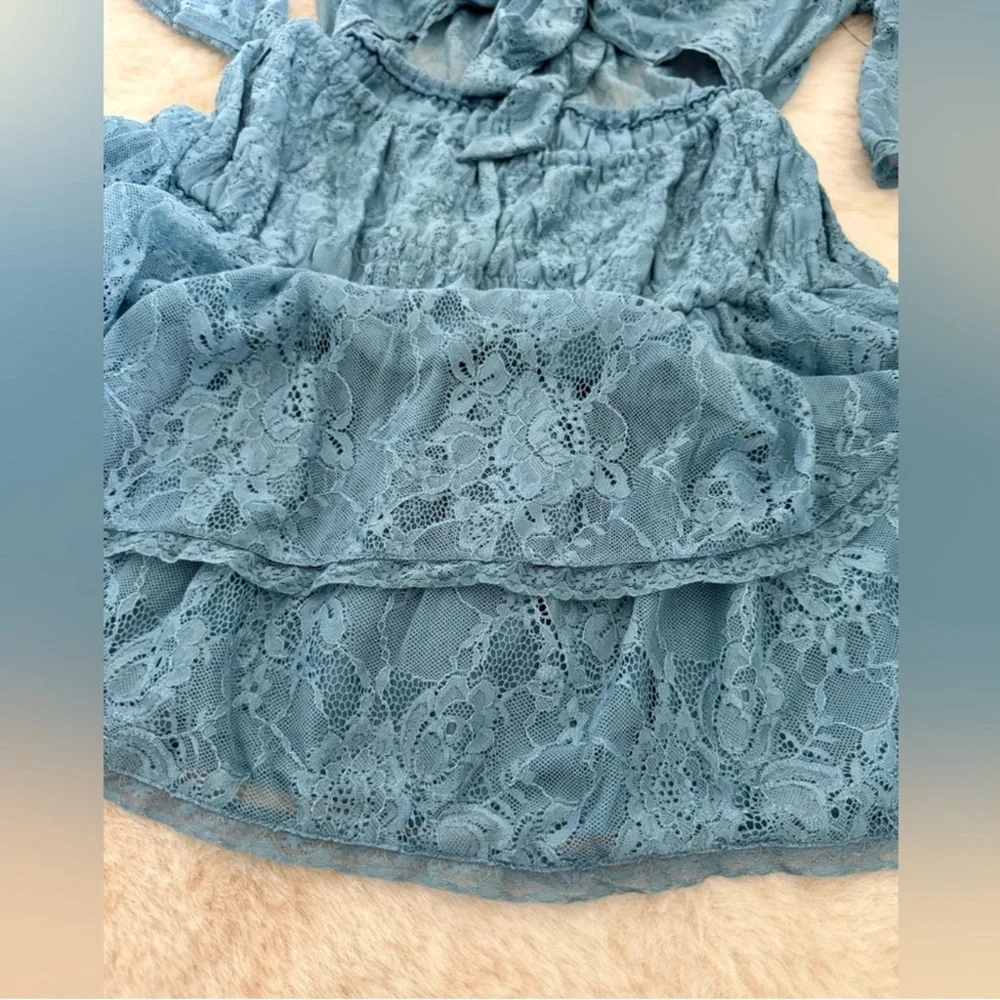 New! Free People Lala Lace Mini Dress Cutout Tie Front Blue size XS